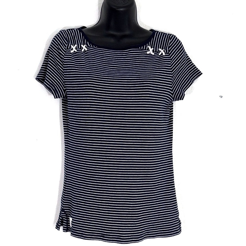 Lauren Ralph Lauren M Navy White Striped Boat Neck Rope Accent Shirt Nautical